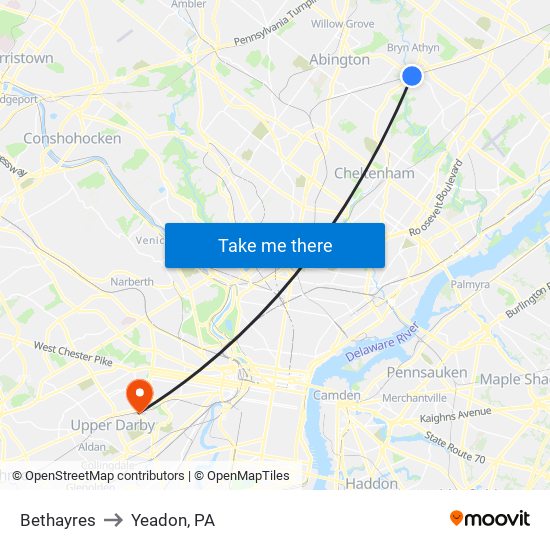 Bethayres to Yeadon, PA map