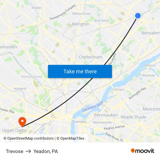 Trevose to Yeadon, PA map