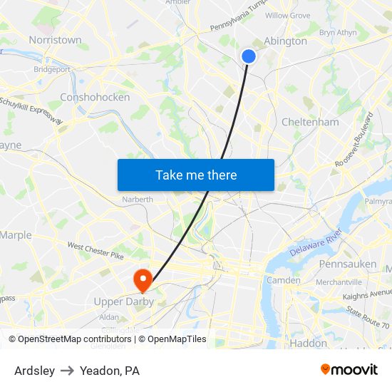 Ardsley to Yeadon, PA map