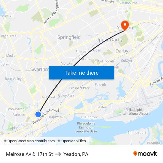 Melrose Av & 17th St to Yeadon, PA map