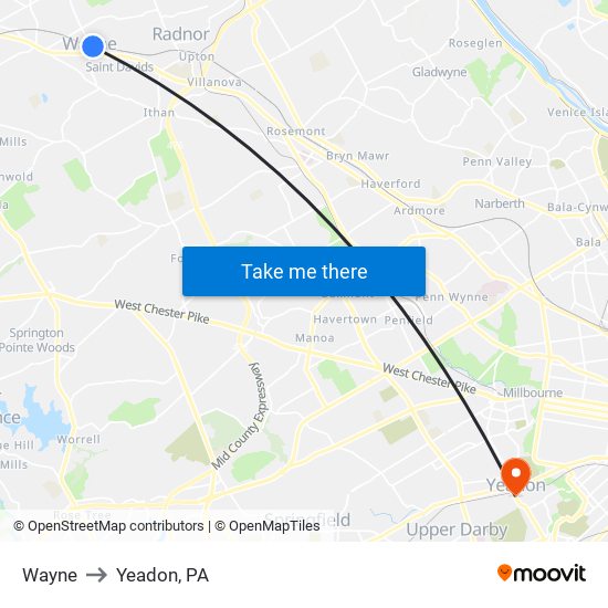 Wayne to Yeadon, PA map