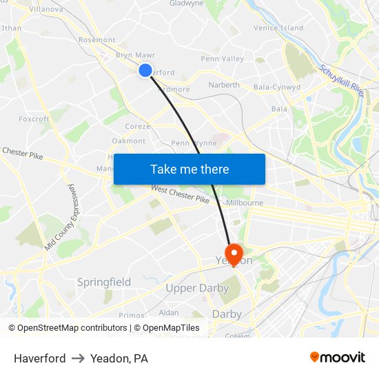 Haverford to Yeadon, PA map