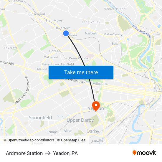 Ardmore Station to Yeadon, PA map
