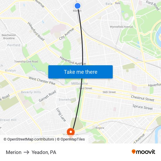 Merion to Yeadon, PA map