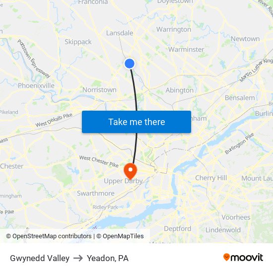 Gwynedd Valley to Yeadon, PA map