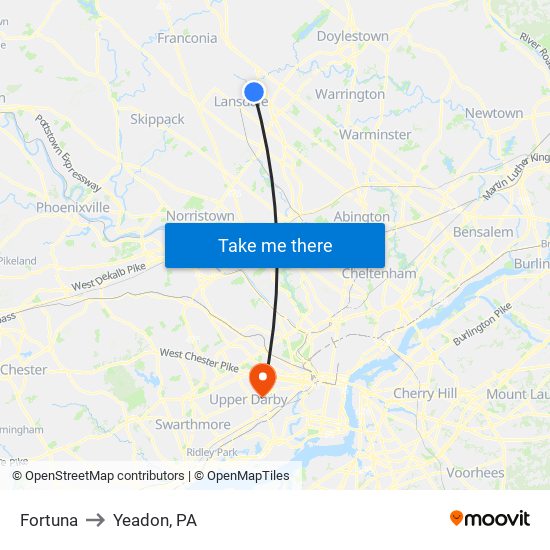 Fortuna to Yeadon, PA map