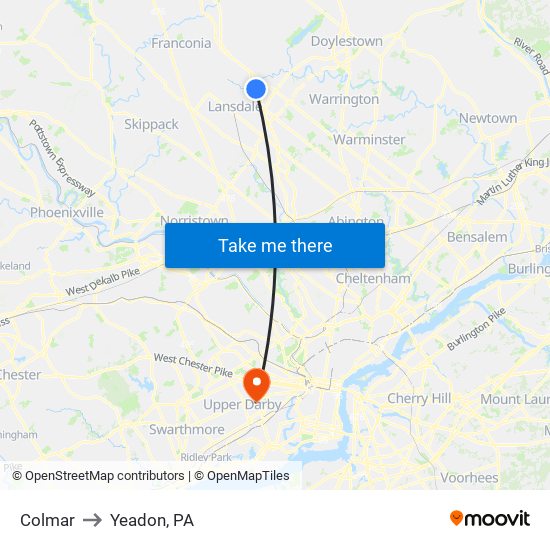 Colmar to Yeadon, PA map