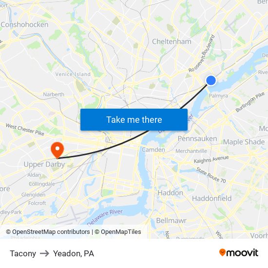 Tacony to Yeadon, PA map