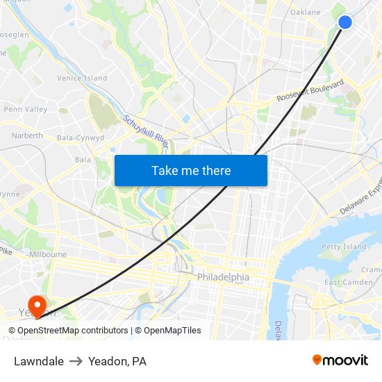 Lawndale to Yeadon, PA map