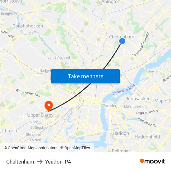 Cheltenham to Yeadon, PA map