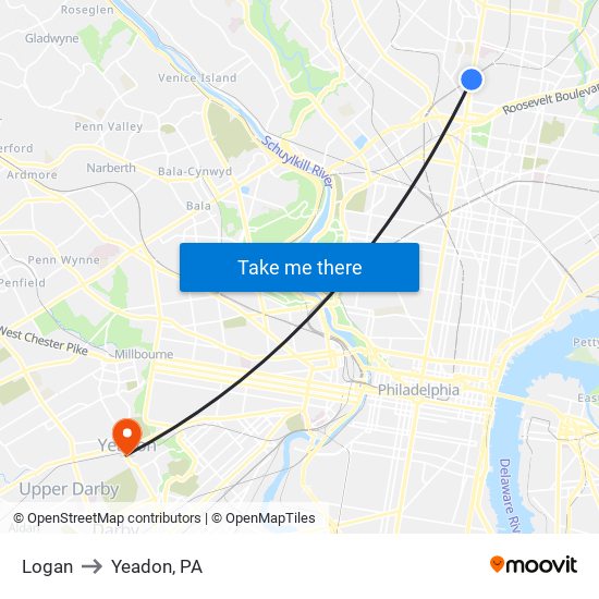 Logan to Yeadon, PA map