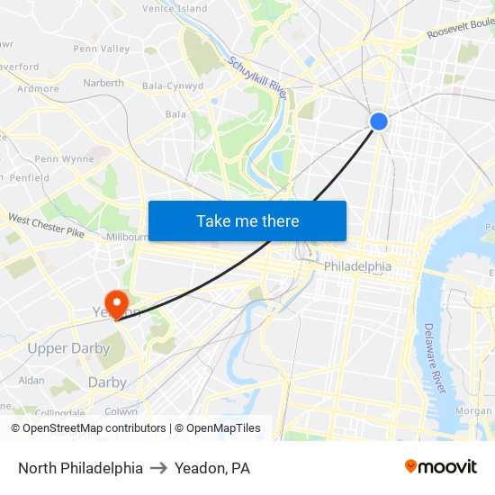 North Philadelphia to Yeadon, PA map