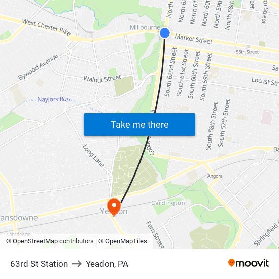 63rd St Station to Yeadon, PA map