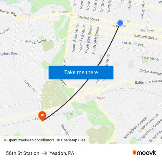 56th St Station to Yeadon, PA map