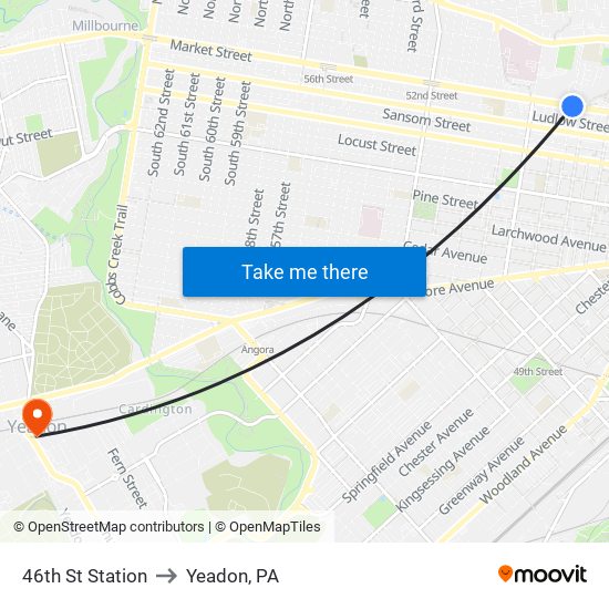 46th St Station to Yeadon, PA map