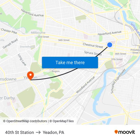 40th St Station to Yeadon, PA map