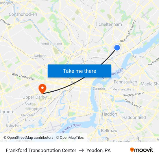 Frankford Transportation Center to Yeadon, PA map