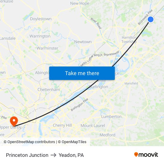 Princeton Junction to Yeadon, PA map