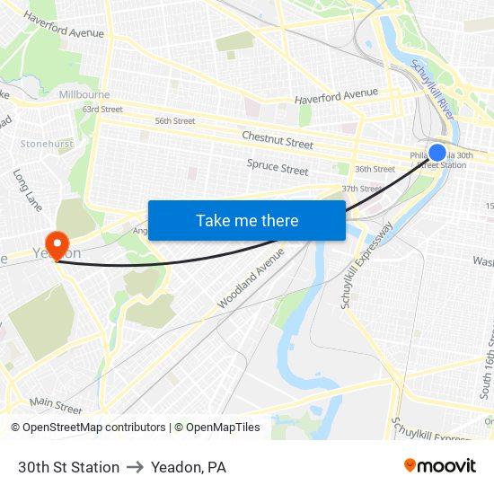 30th St Station to Yeadon, PA map