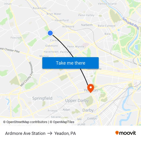 Ardmore Ave Station to Yeadon, PA map