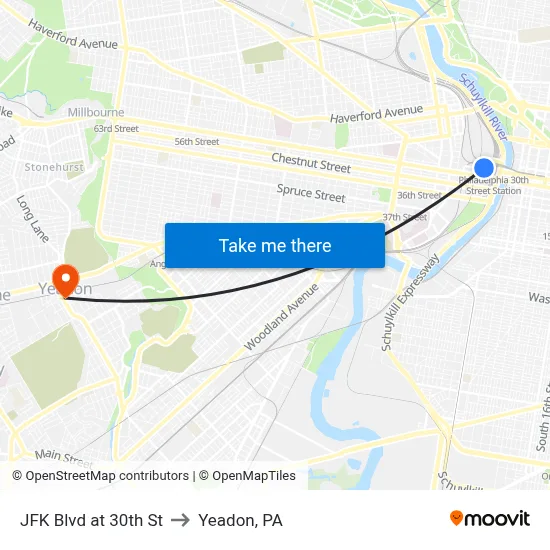 JFK Blvd at 30th St to Yeadon, PA map