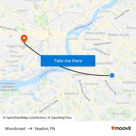 Woodcrest to Yeadon, PA map