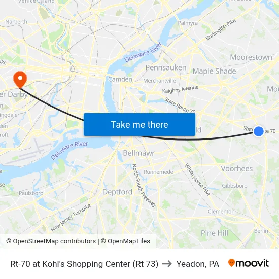 Rt-70 at Kohl's Shopping Center (Rt 73) to Yeadon, PA map
