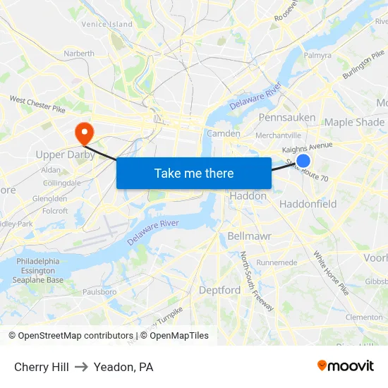 Cherry Hill to Yeadon, PA map