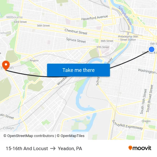 15-16th And Locust to Yeadon, PA map