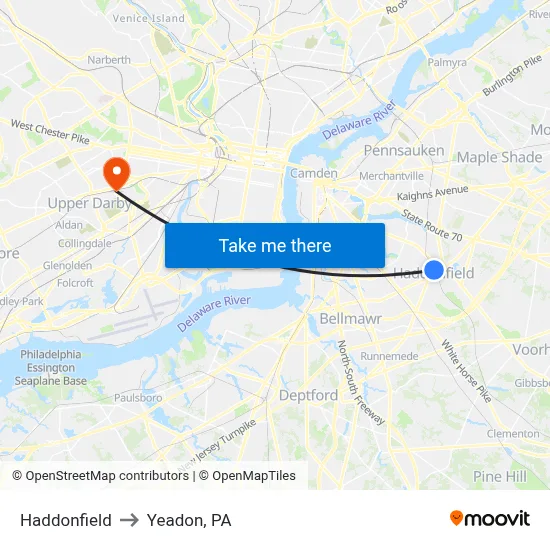 Haddonfield to Yeadon, PA map