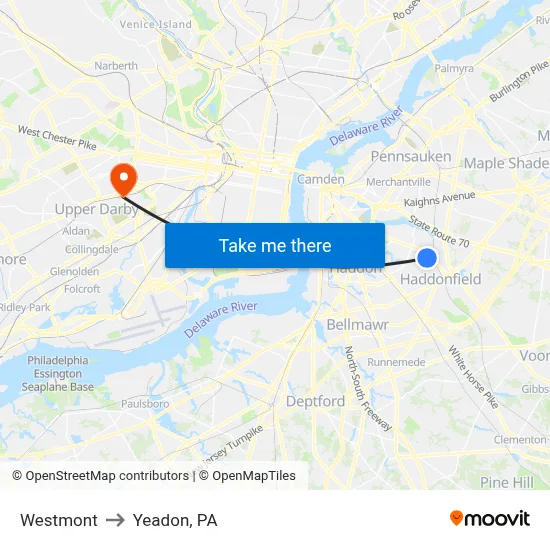 Westmont to Yeadon, PA map