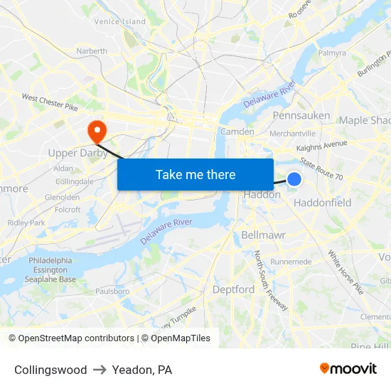 Collingswood to Yeadon, PA map