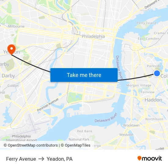 Ferry Avenue to Yeadon, PA map