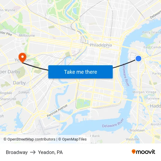 Broadway to Yeadon, PA map
