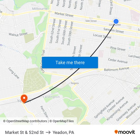 Market St & 52nd St to Yeadon, PA map