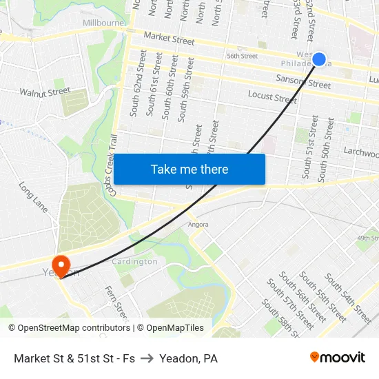 Market St & 51st St - Fs to Yeadon, PA map