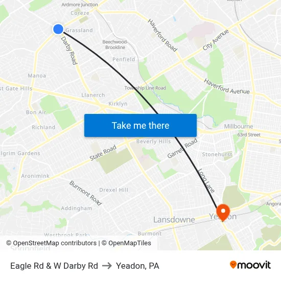 Eagle Rd & W Darby Rd to Yeadon, PA map
