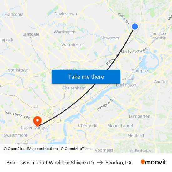 Bear Tavern Rd at Wheldon Shivers Dr to Yeadon, PA map