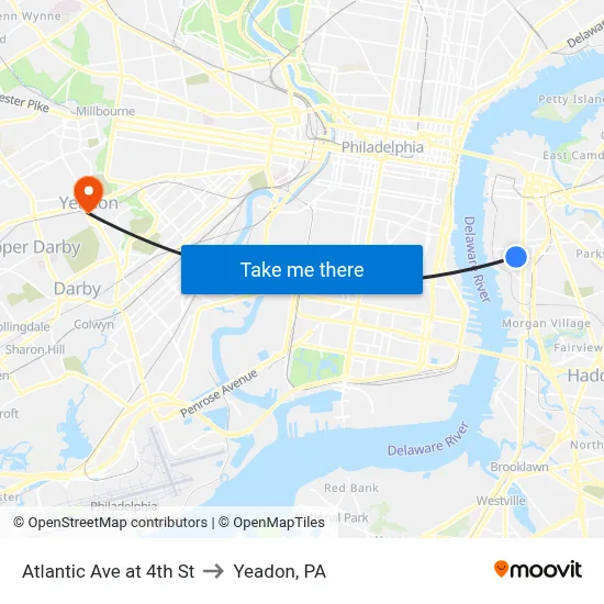 Atlantic Ave at 4th St to Yeadon, PA map