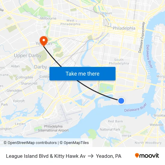 League Island Blvd & Kitty Hawk Av to Yeadon, PA map