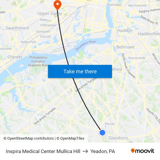 Inspira Medical Center Mullica Hill to Yeadon, PA map