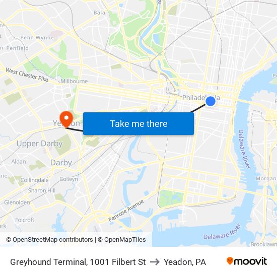 Greyhound Terminal, 1001 Filbert St to Yeadon, PA map
