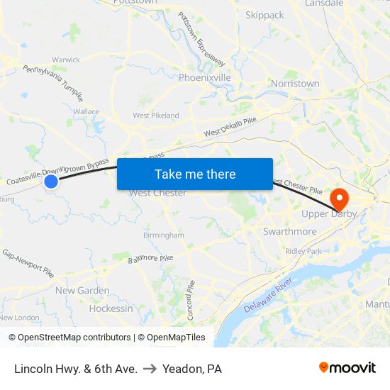 Lincoln Hwy. & 6th Ave. to Yeadon, PA map