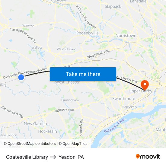 Coatesville Library to Yeadon, PA map