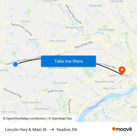 Lincoln Hwy & Main St. to Yeadon, PA map