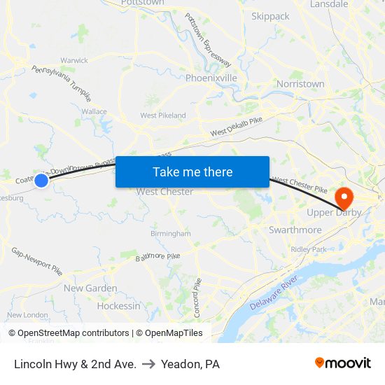 Lincoln Hwy & 2nd Ave. to Yeadon, PA map