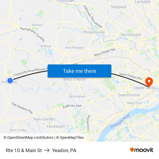 Rte 10 & Main St to Yeadon, PA map