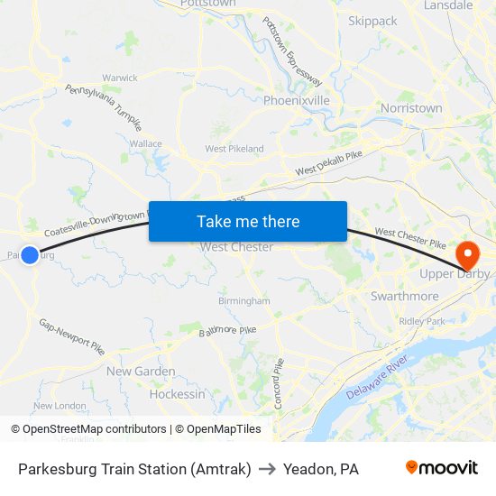 Parkesburg Train Station (Amtrak) to Yeadon, PA map