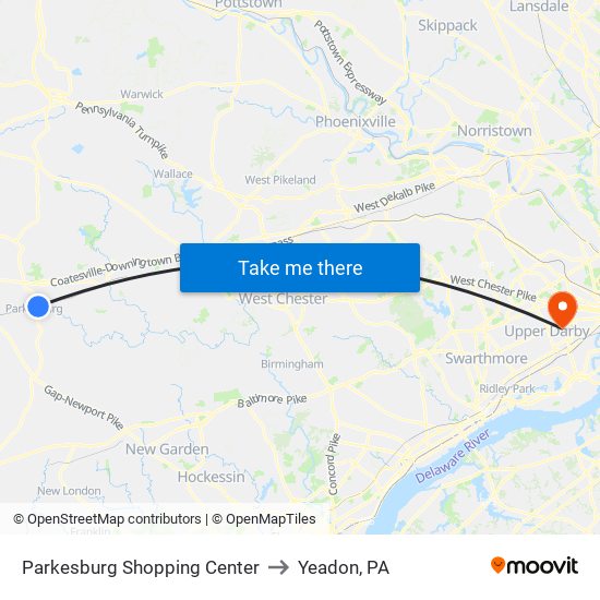 Parkesburg Shopping Center to Yeadon, PA map