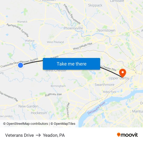 Veterans Drive to Yeadon, PA map